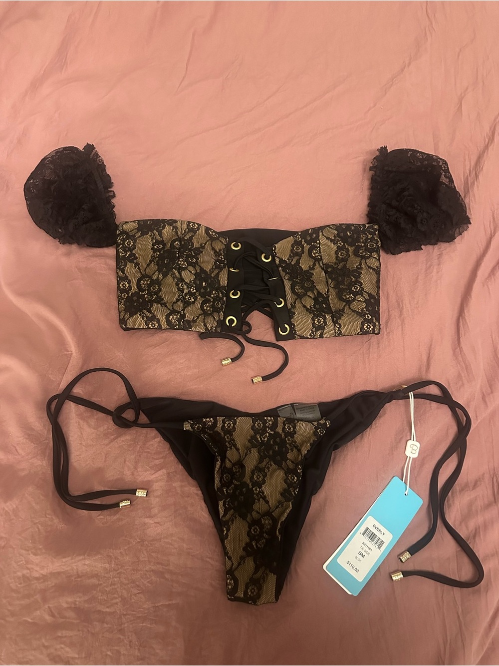 Beach Bunny Black and Gold Lace Bandeau Bikini with Puff Sleeves